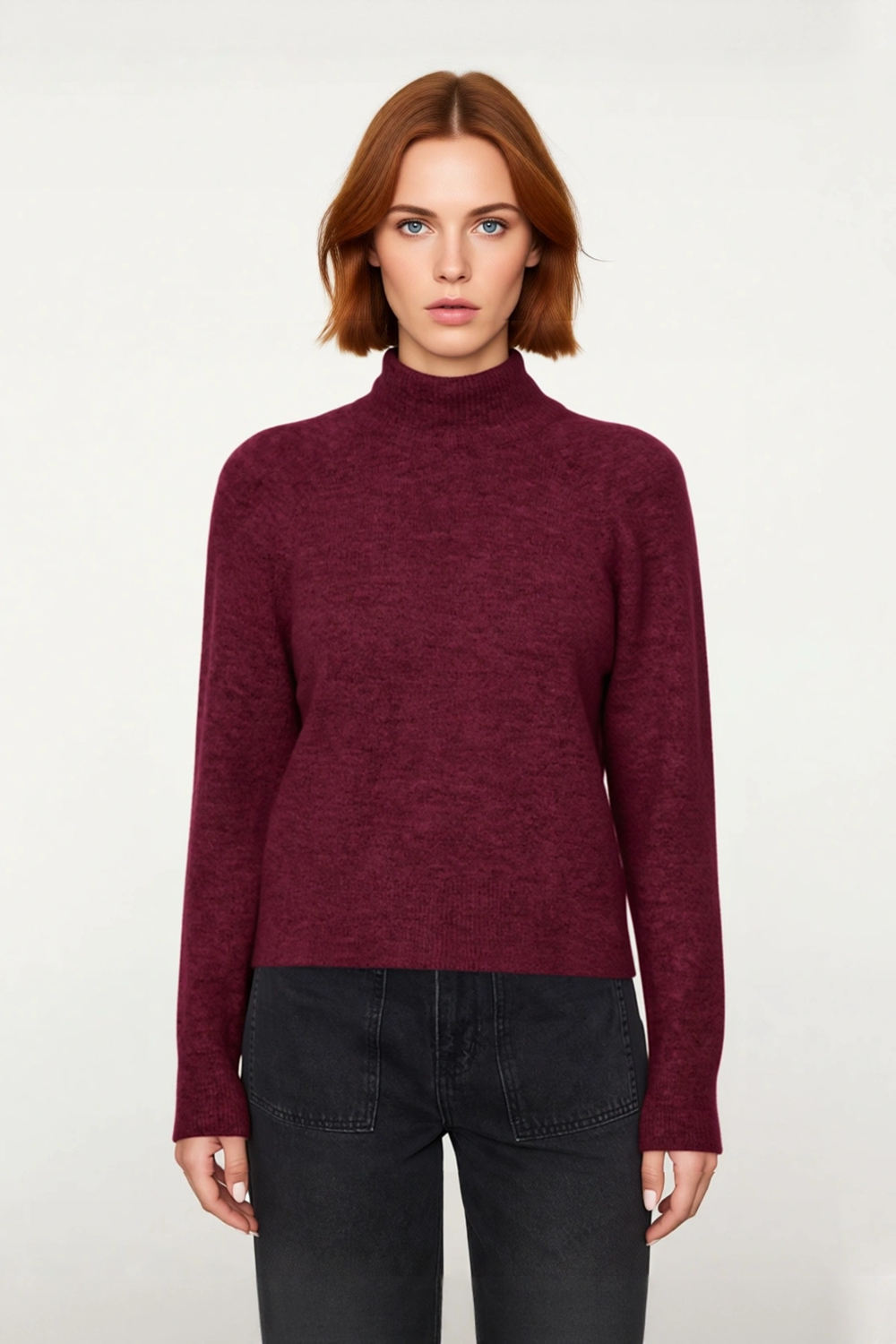 Kadın Bordo Reglan Kol Oversize Dik Yaka Triko Kazak Kış Sezonu İçin İdeal Rahat Günlük Giyim