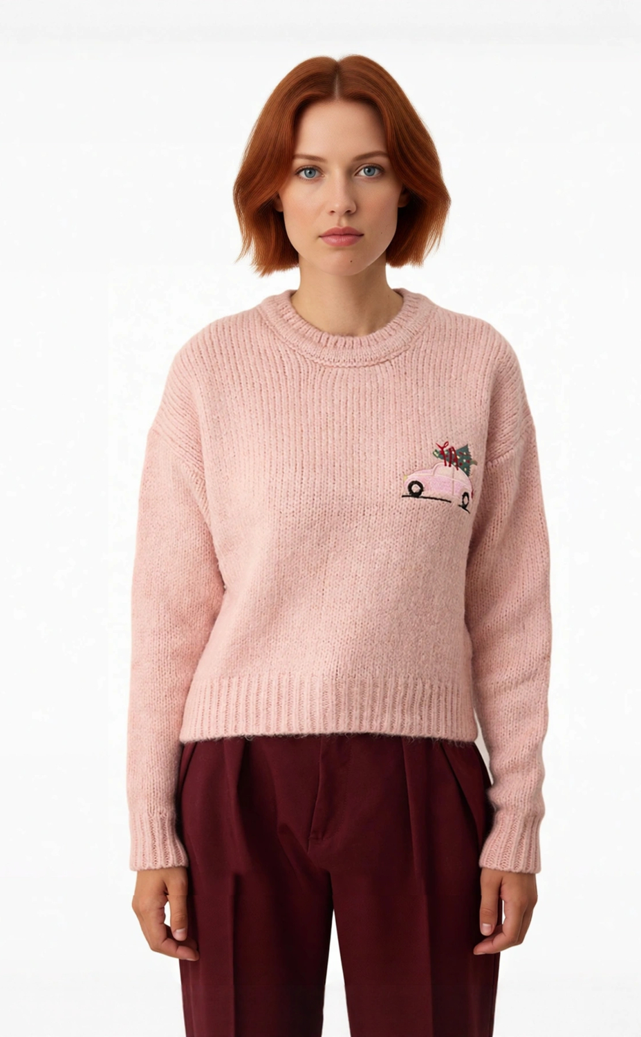 Bayan Pembe Nakış Detaylı Yılbaşı Konseptli Crop Kesim Uzun Kol Triko Kazak Modeli Kaliteli