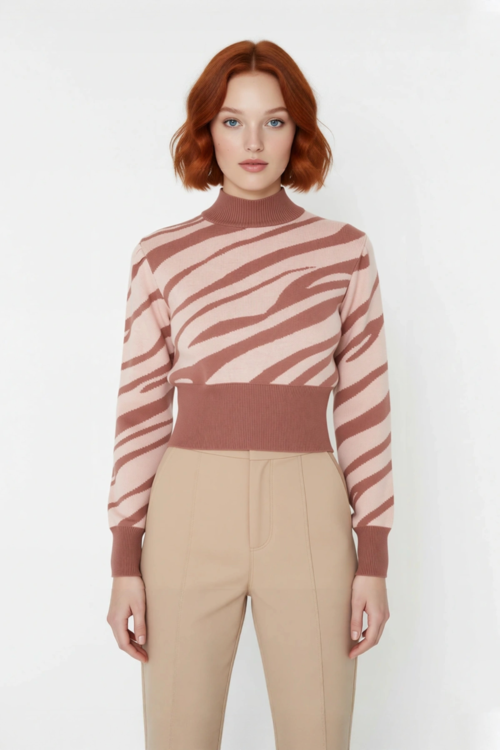 Kadınlara Özel Pembe Zebra Desenli Dik Yaka Uzun Kollu Crop Triko Kazak Kış Şıklığı İçin Kaliteli
