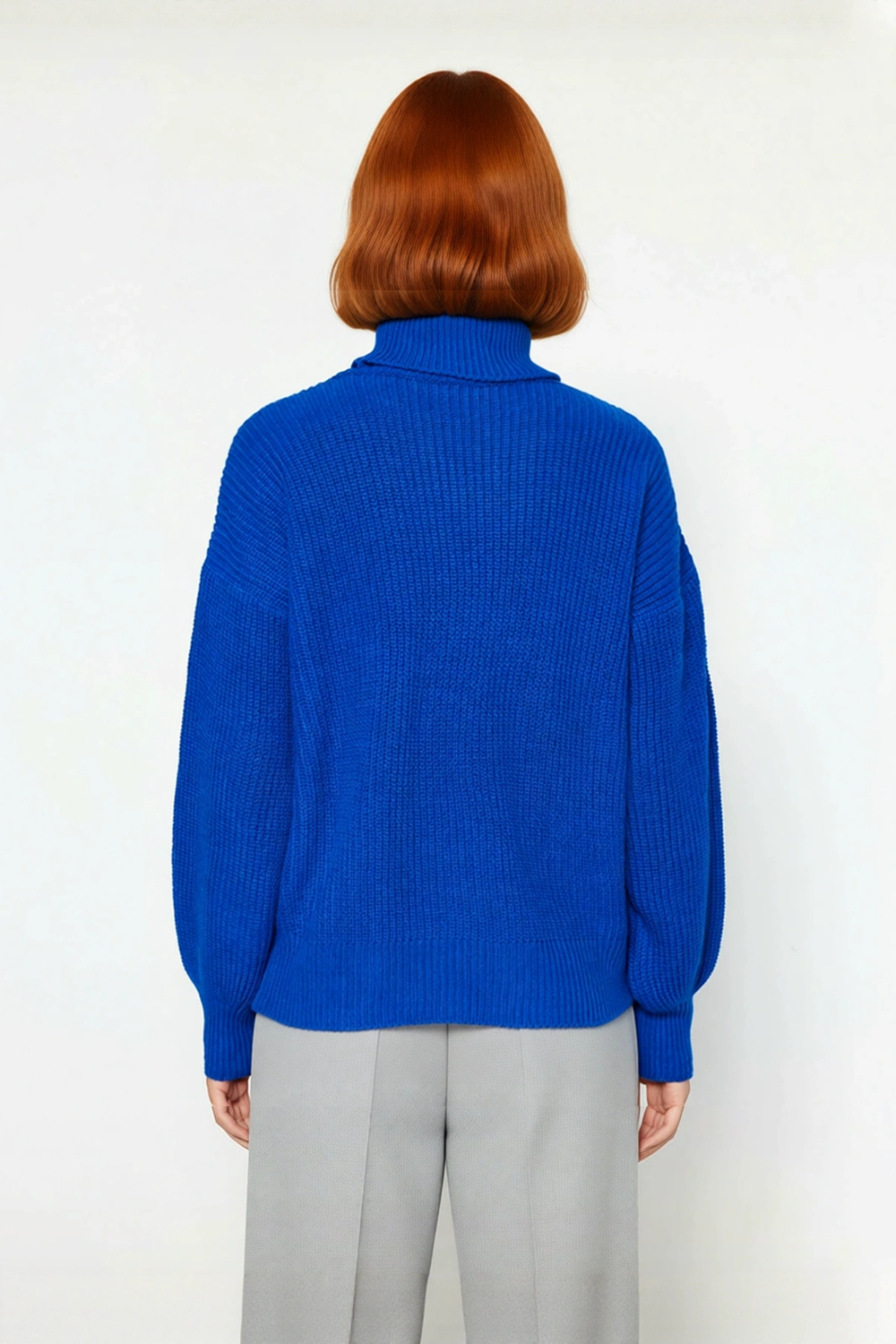 Kadın Basic Oversize Canlı Mavi Akrilik Balıkçı Yaka Uzun Kollu Triko Kazak Kışlık Kombinlerin