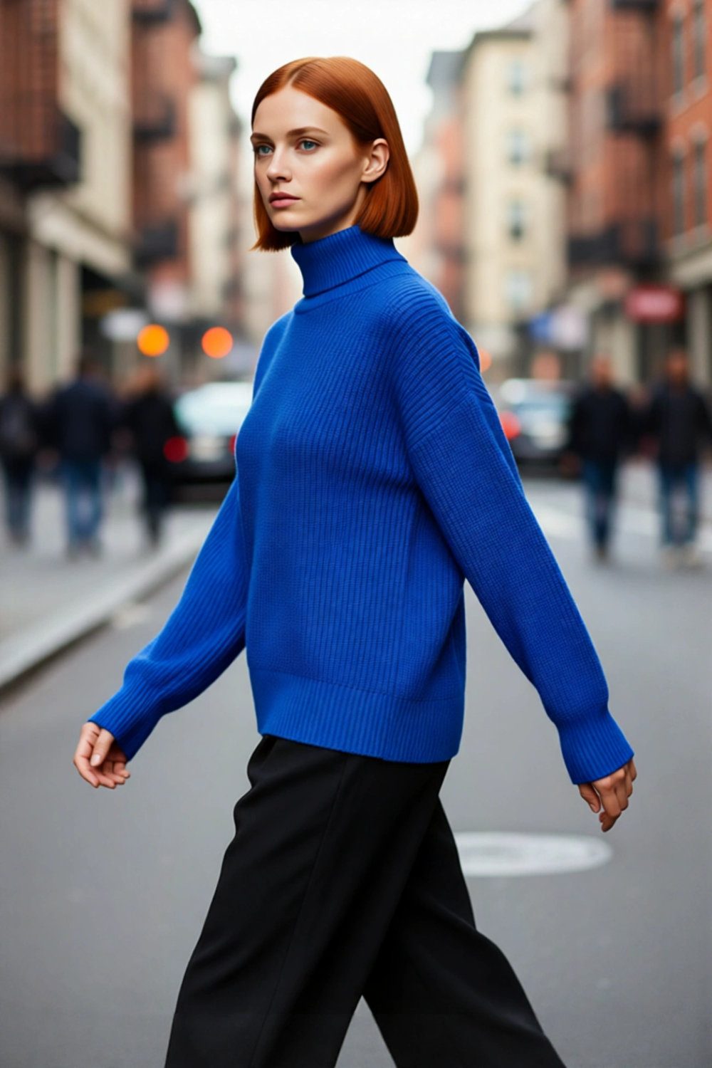 Kadın Basic Oversize Canlı Mavi Akrilik Balıkçı Yaka Uzun Kollu Triko Kazak Kışlık Kombinlerin