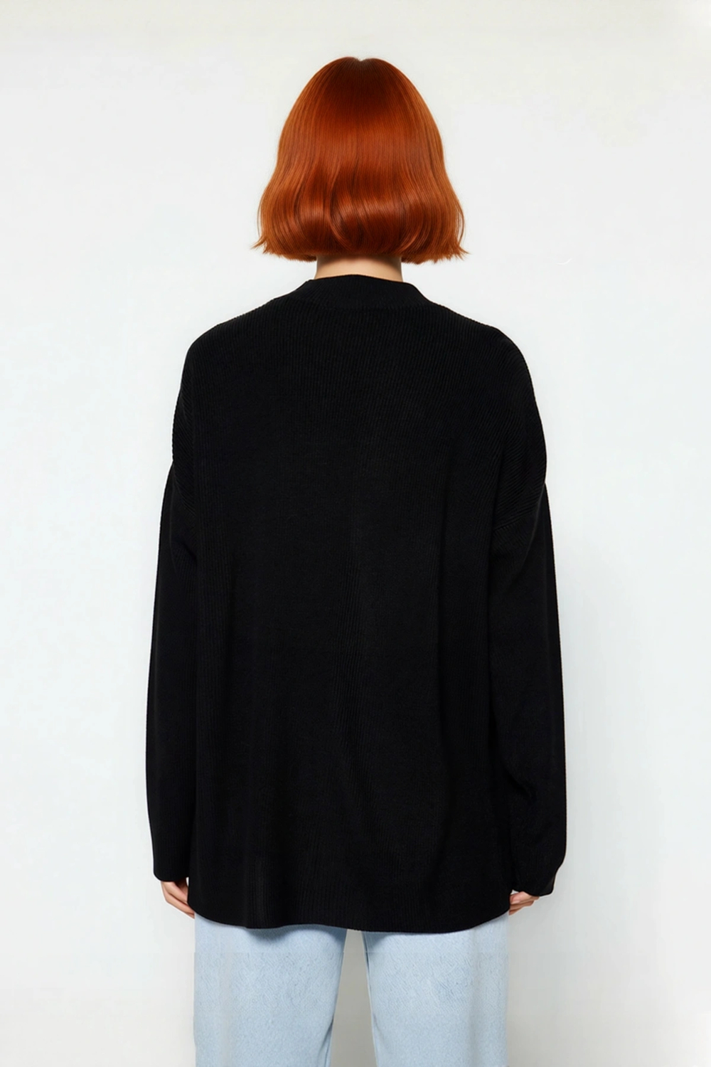 Kadın Modern Oversize Düşük Kol Siyah Akrilik Triko Kazak Cut Out Detaylı Günlük Şıklık Kaliteli