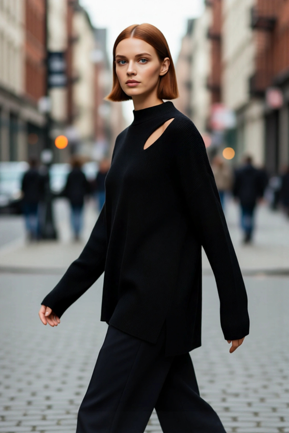 Kadın Modern Oversize Düşük Kol Siyah Akrilik Triko Kazak Cut Out Detaylı Günlük Şıklık Kaliteli