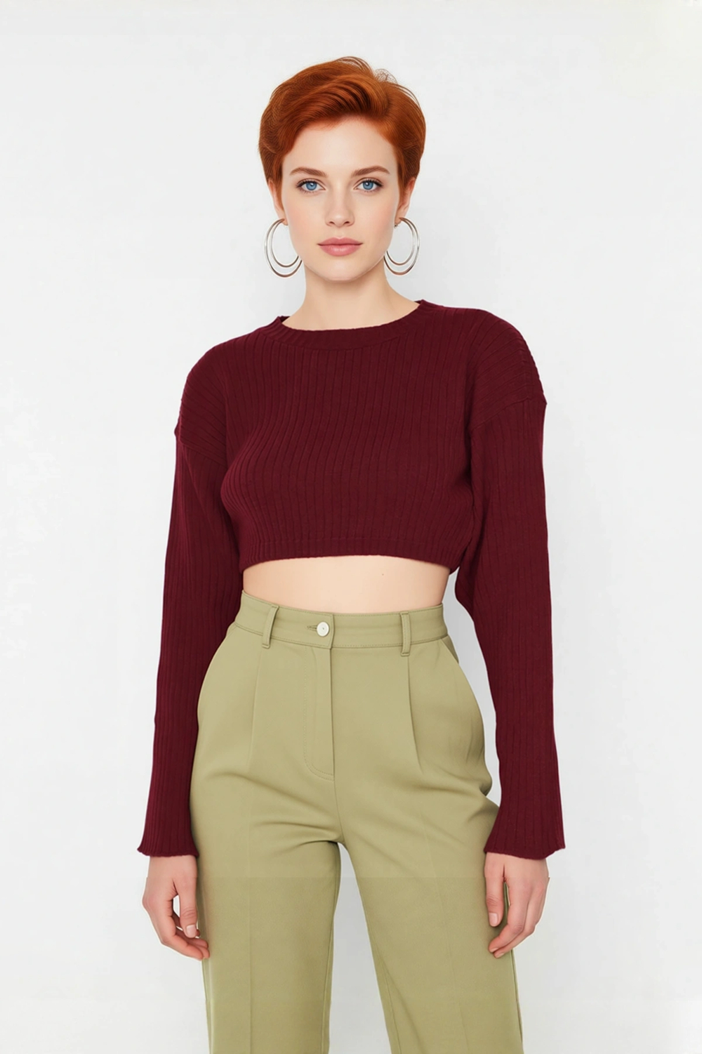 Kadın Düz Desen Regular Kalıp Triko Super Crop Bisiklet Yaka Uzun Kol Kazak Casual Tarz Kaliteli
