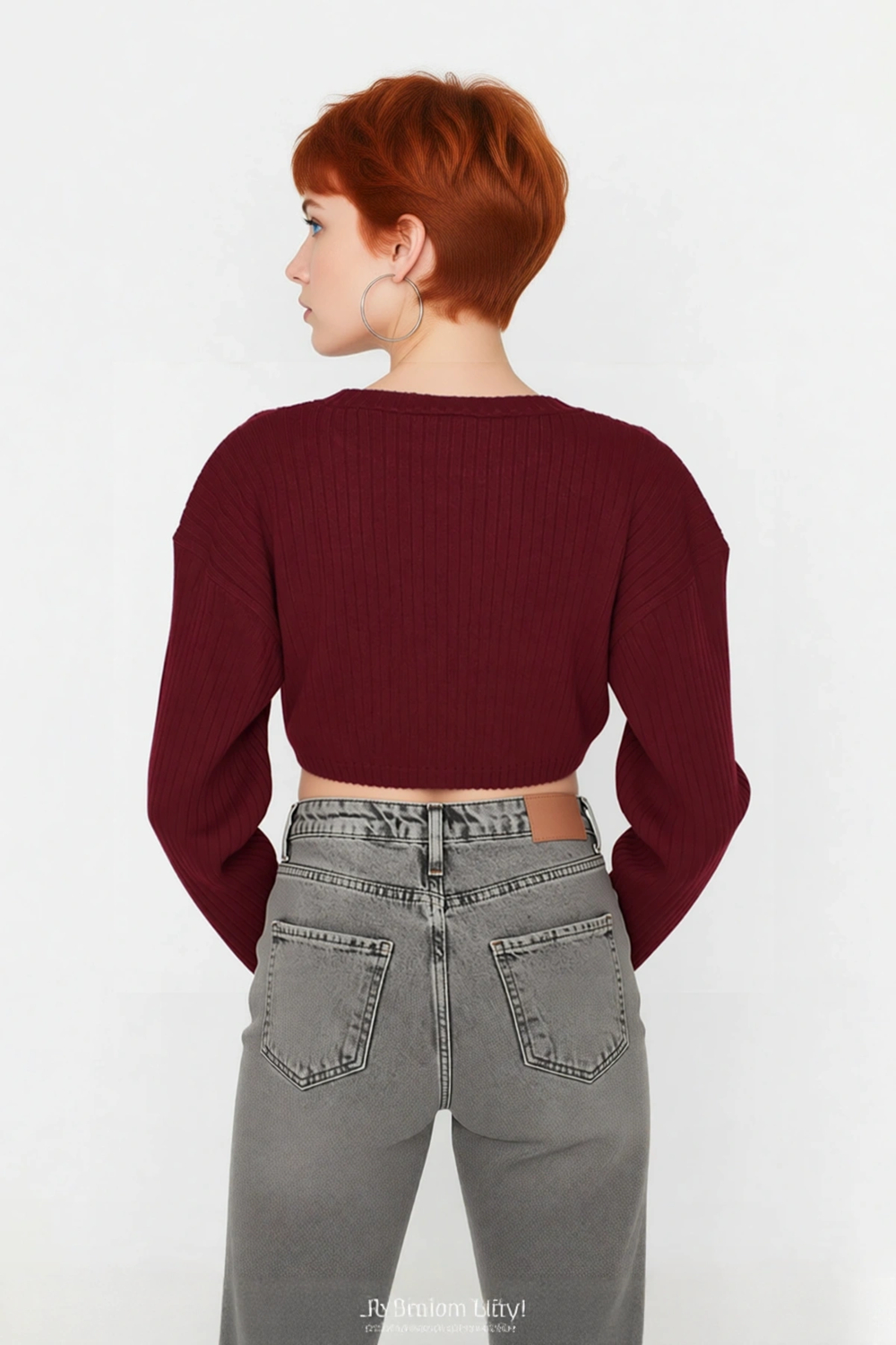 Kadın Düz Desen Regular Kalıp Triko Super Crop Bisiklet Yaka Uzun Kol Kazak Casual Tarz Kaliteli