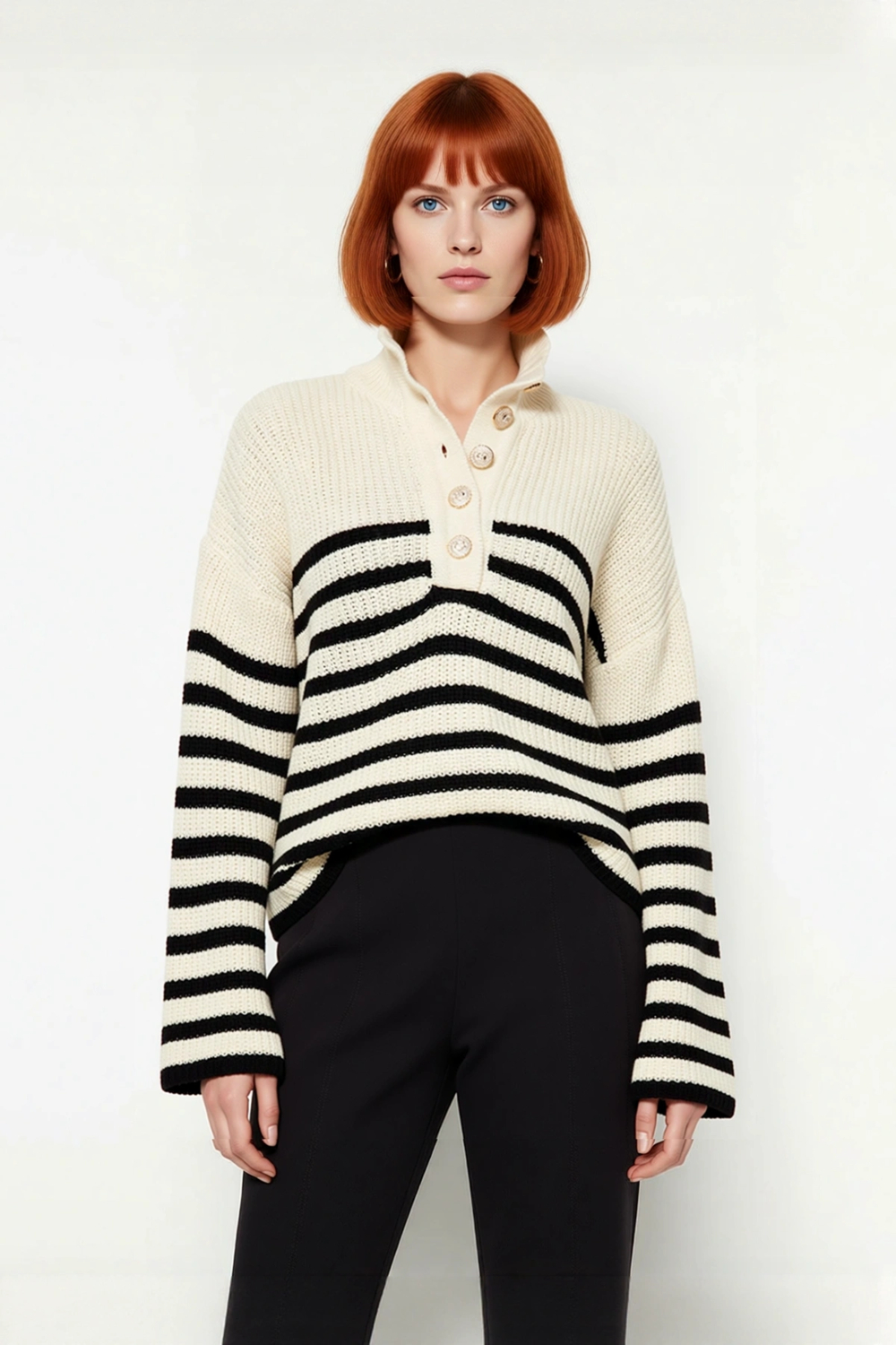 Kadın Basic Çizgili Oversize Dik Yaka Triko Kazak Uzun Kollu Crop Rahat Sonbahar Kış Kaliteli