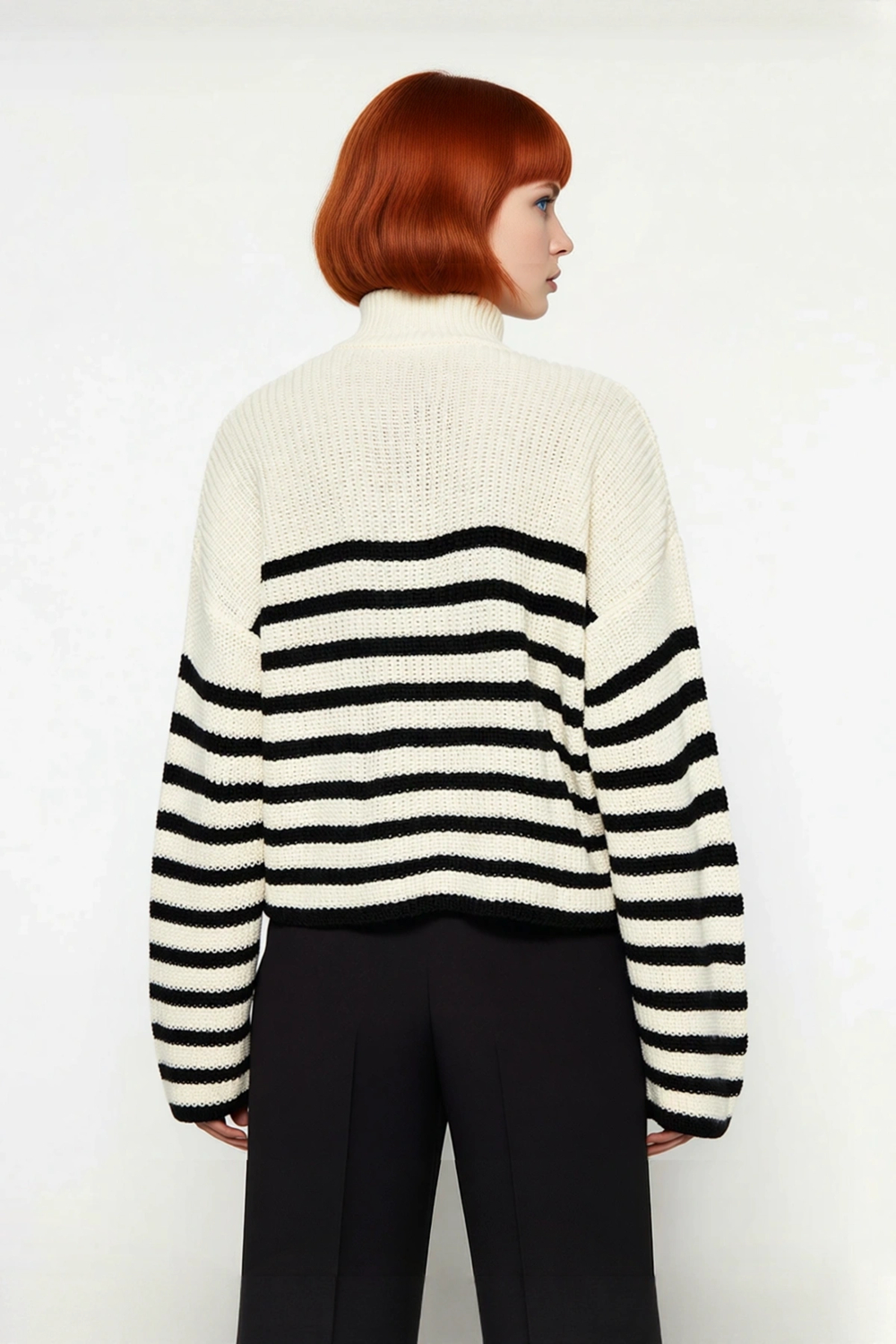 Kadın Basic Çizgili Oversize Dik Yaka Triko Kazak Uzun Kollu Crop Rahat Sonbahar Kış Kaliteli