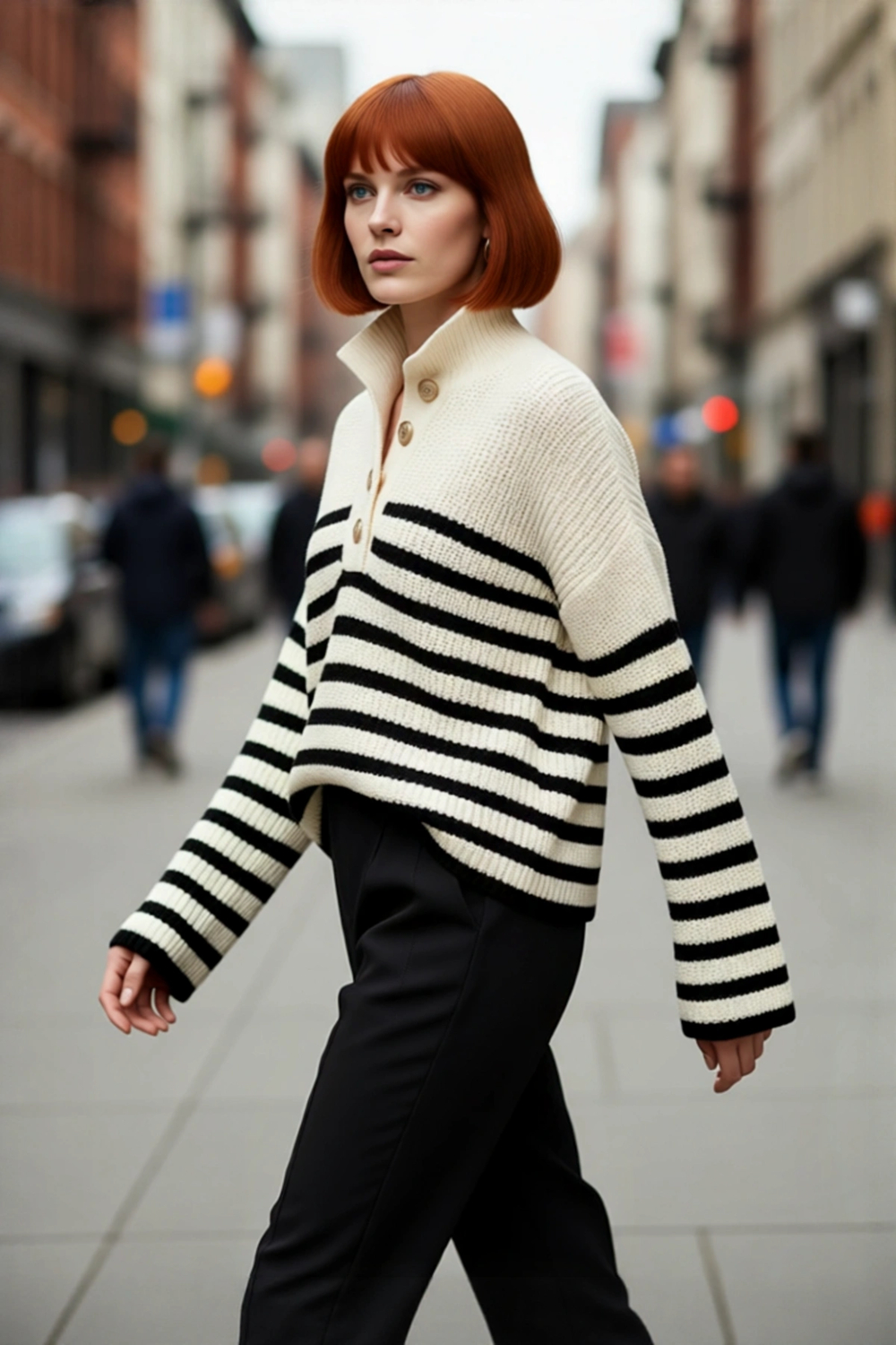 Kadın Basic Çizgili Oversize Dik Yaka Triko Kazak Uzun Kollu Crop Rahat Sonbahar Kış Kaliteli