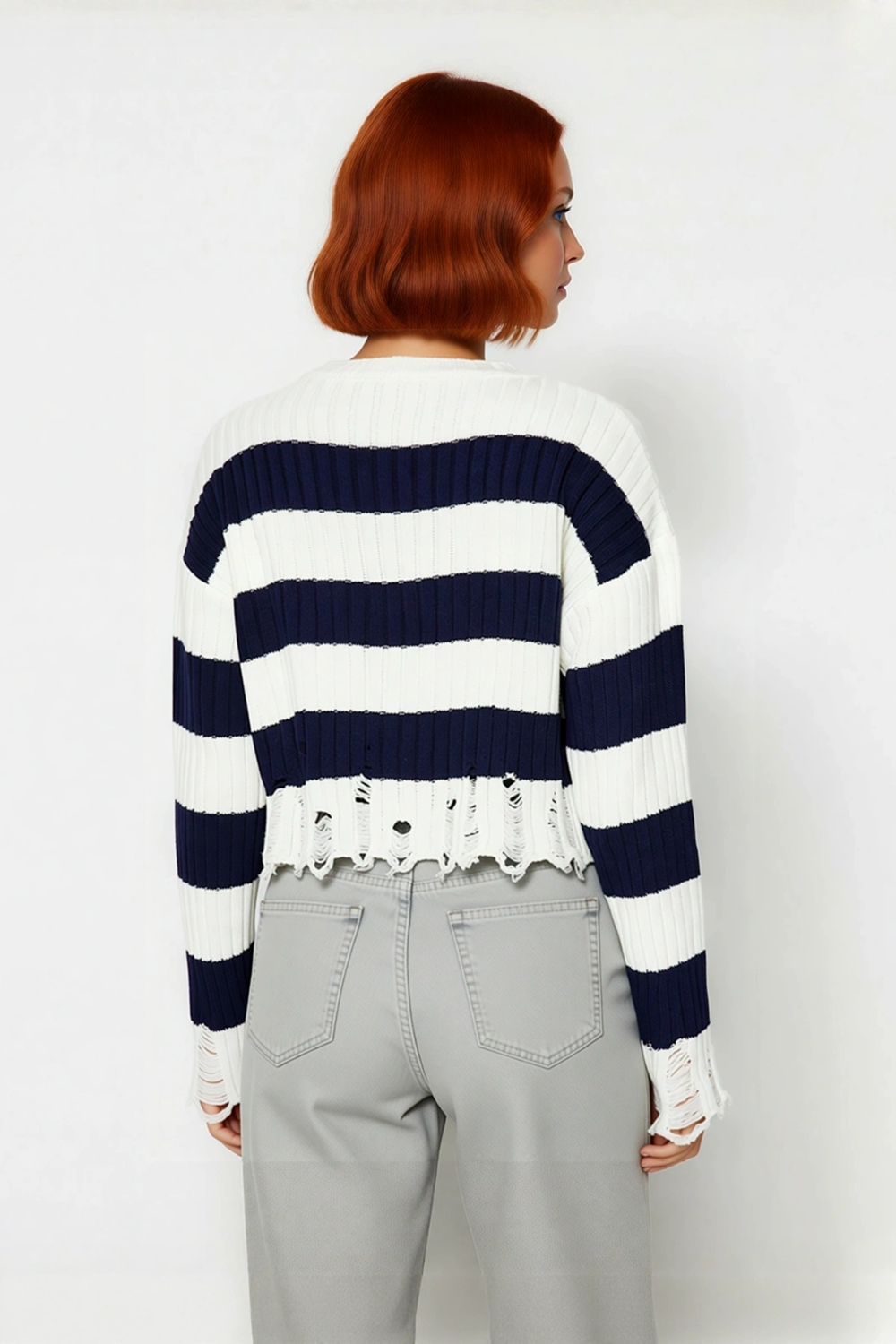 Kadın Basic Çizgili Düşük Kol Akrilik Triko Kazak Crop Kesim Akıtma Detaylı Konforlu Stil Kaliteli