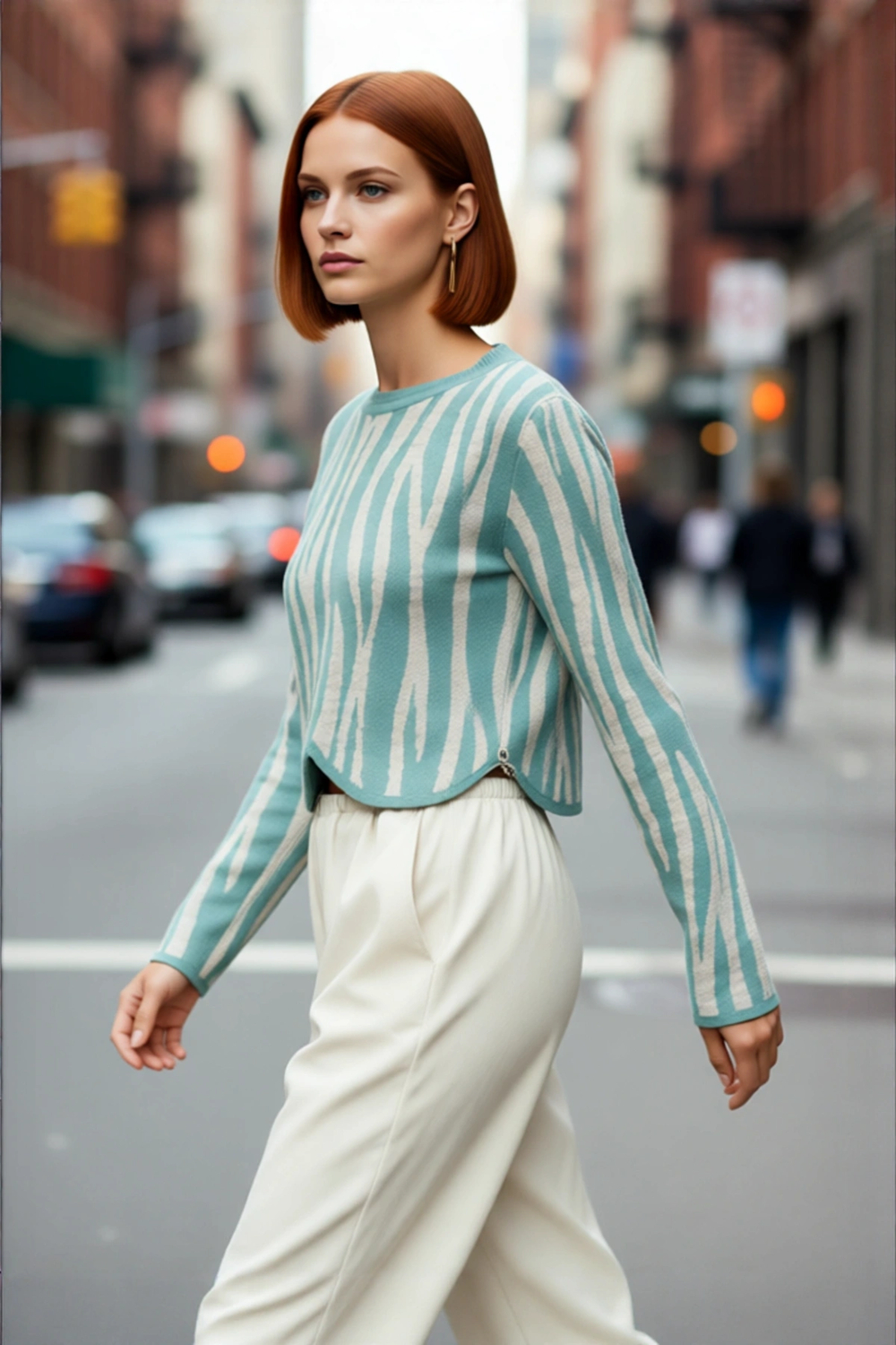 Kadın Fashion Forward Akrilik Regular Kalıp Crop Boy Uzun Kol Hayvan Desenli Triko Kazak Kaliteli