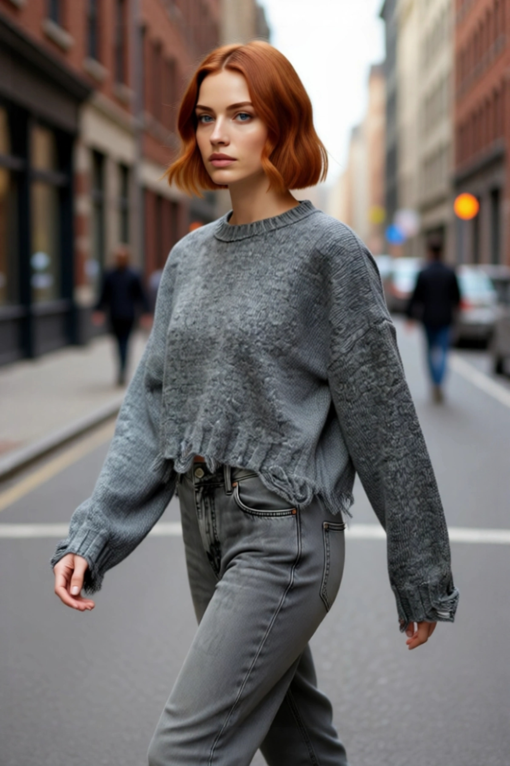 Kadın Casual Crop Oversize Bisiklet Yaka Triko Kazak Düşük Kol Akıtma Detaylı Konforlu Şık