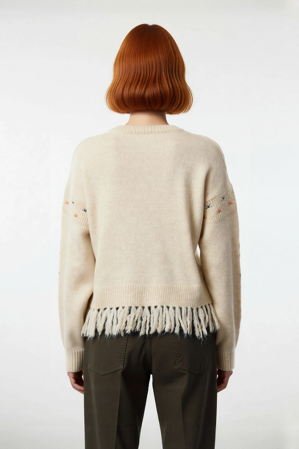 Fashion Forward Kadın Nakışlı Düşük Kollu Bisiklet Yaka Super Crop Kışlık Triko Kazak Püsküllü