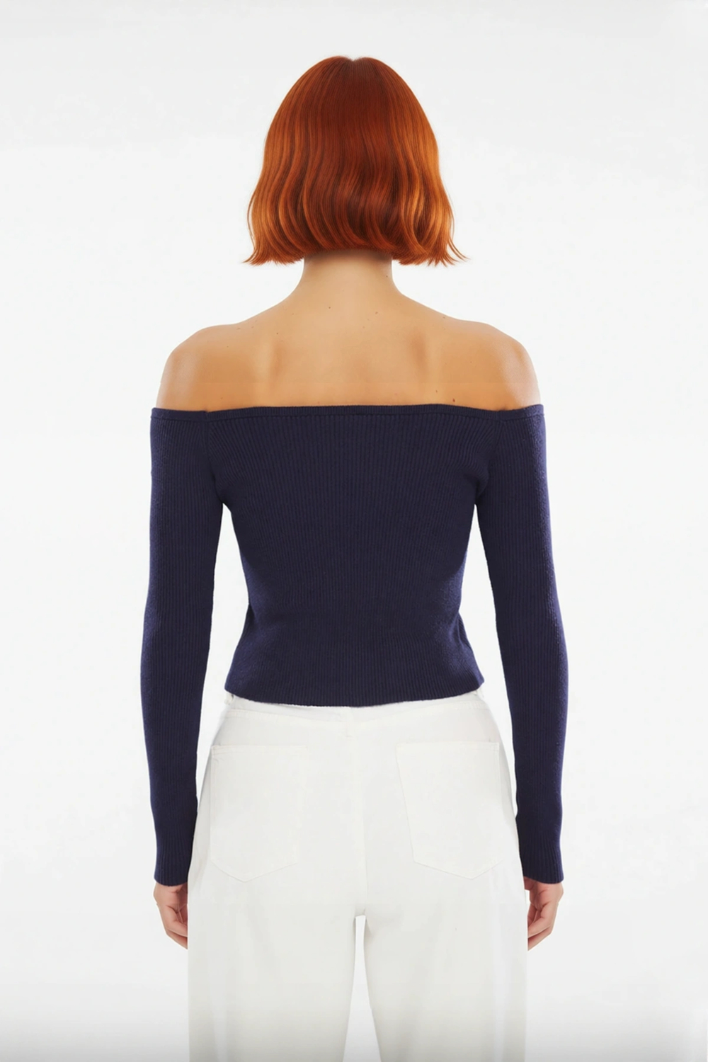Kadın Düşük Kollu Fitilli Kayık Yaka Fitted Triko Kazak Çiçek Düğme Detaylı Modern Stil Tasarım