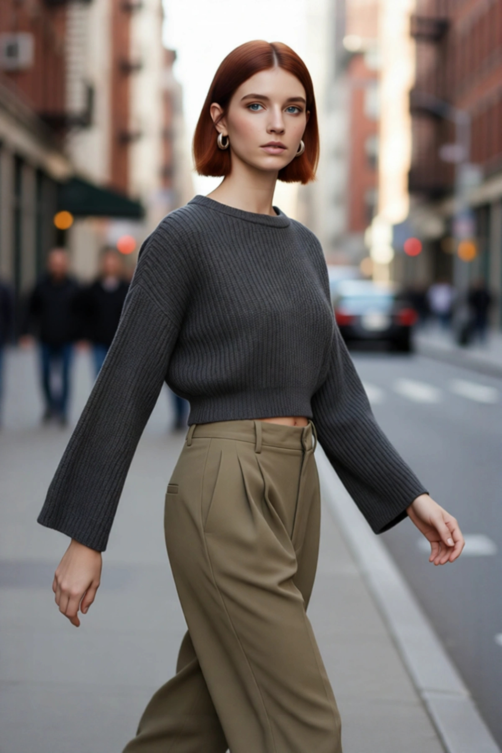 Kadın Gri %100 Akrilik Oversize Selanik Dokuma Bisiklet Yaka İspanyol Kol Crop Triko Kazak