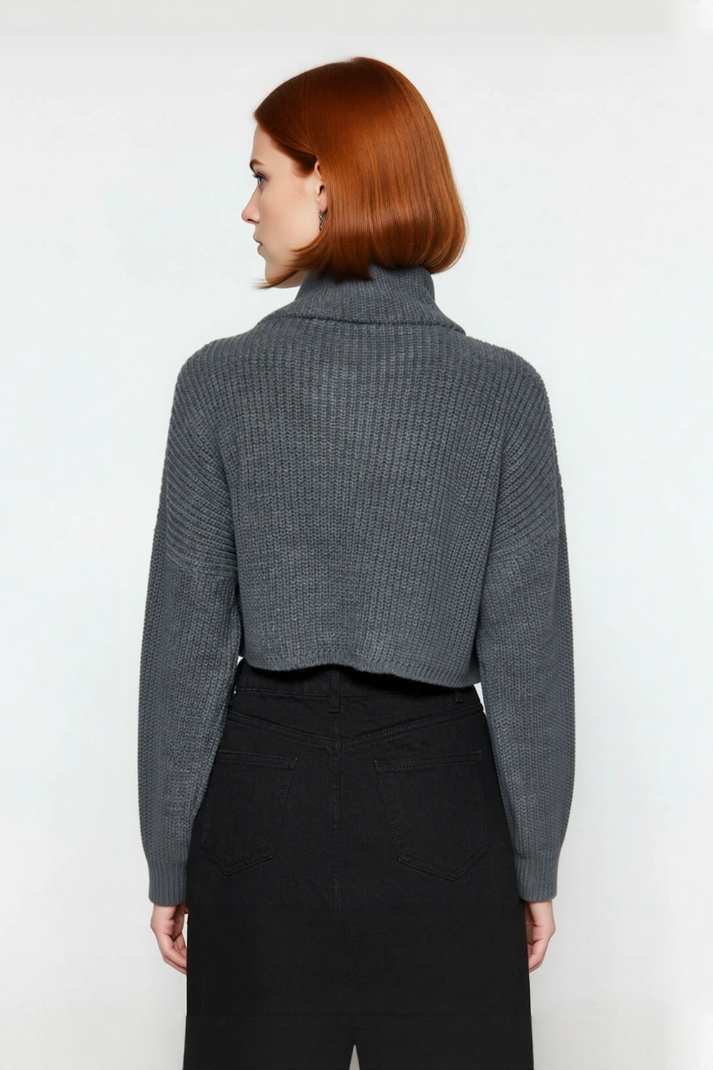 Kadın Basic Oversize Düşük Uzun Kollu Crop Fermuarlı Dik Yaka Triko Kazak Kışlık Rahat Stiller