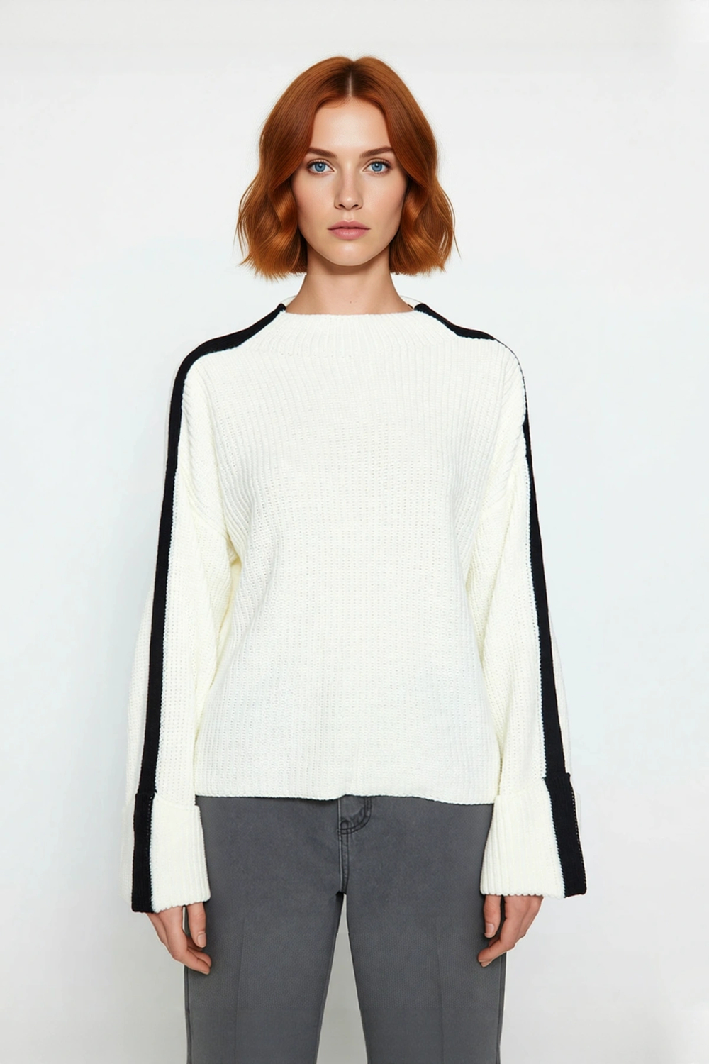 Kadın Oversize Düşük Kol Bisiklet Yaka Renk Bloklu Rahat Kışlık Triko Kazak Modeli Kaliteli