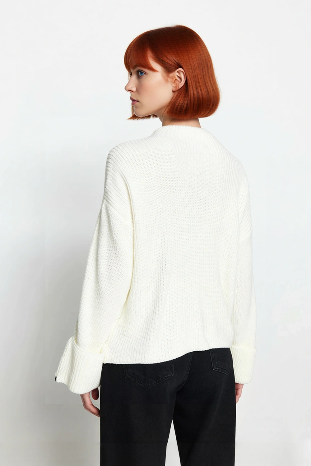 Kadın Oversize Düşük Kol Bisiklet Yaka Renk Bloklu Rahat Kışlık Triko Kazak Modeli Kaliteli