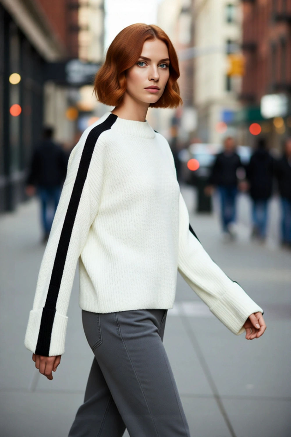 Kadın Oversize Düşük Kol Bisiklet Yaka Renk Bloklu Rahat Kışlık Triko Kazak Modeli Kaliteli
