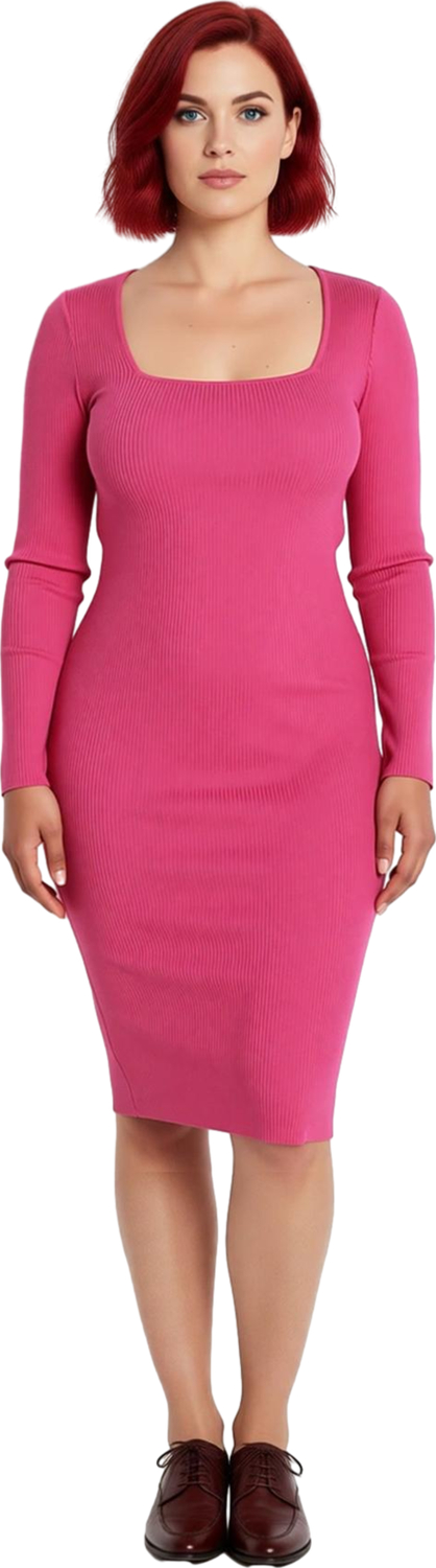 Kadınlar İçin Vücuda Oturan Midi Triko Elbise Uzun Kol Kare Yaka Bodycon Kesim Günlük Şıklık