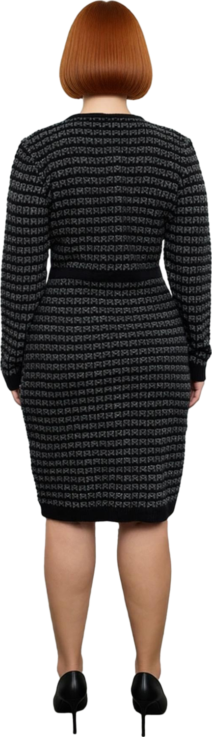 Kadın Bodycon Kesim Siyah Kareli Desen Triko Elbise Bisiklet Yaka Uzun Kollu Rahat Kış Şıklığı