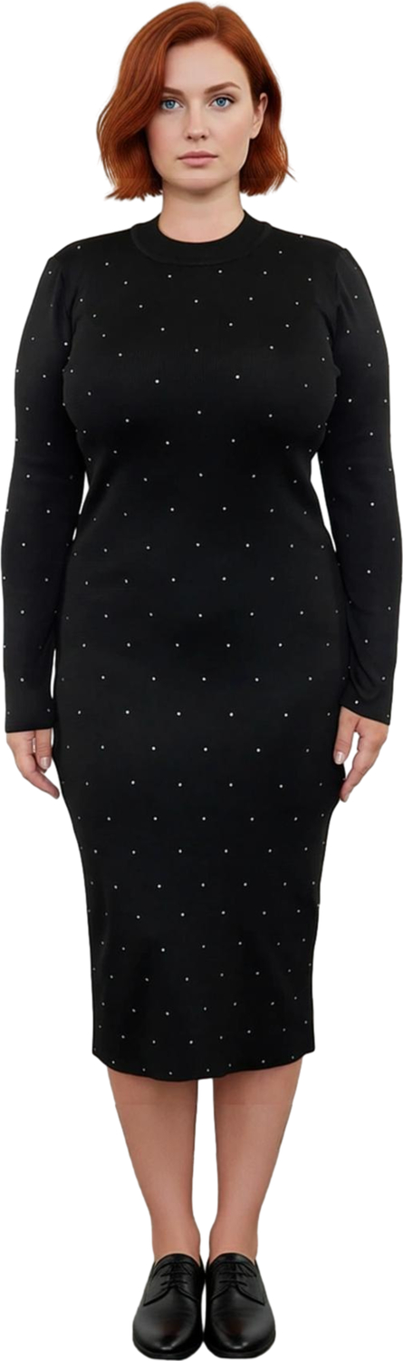 Kadınlara Özel Bodycon Kesim Siyah Triko Elbise Taşlı Detayları ile Midi Boy Uzun Kol Kaliteli