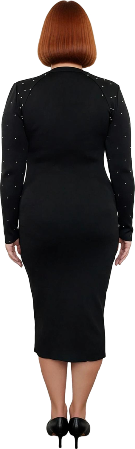 Kadınlara Özel Bodycon Kesim Siyah Triko Elbise Taşlı Detayları ile Midi Boy Uzun Kol Kaliteli