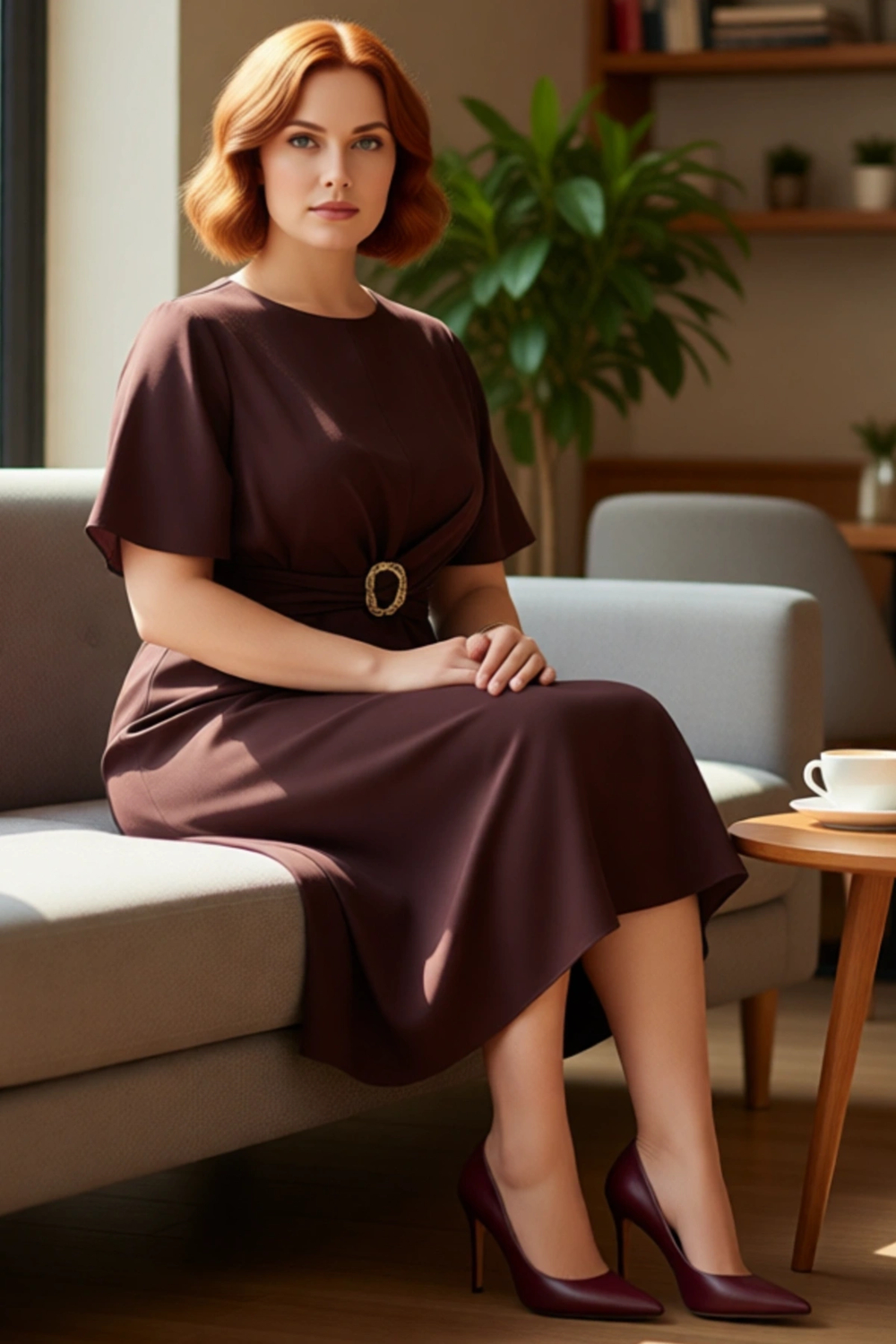 Kadın Düz Bisiklet Yaka Kısa Kollu Dokuma Midi Elbise Şık Kemer Detaylı Büyük Beden Yazlık