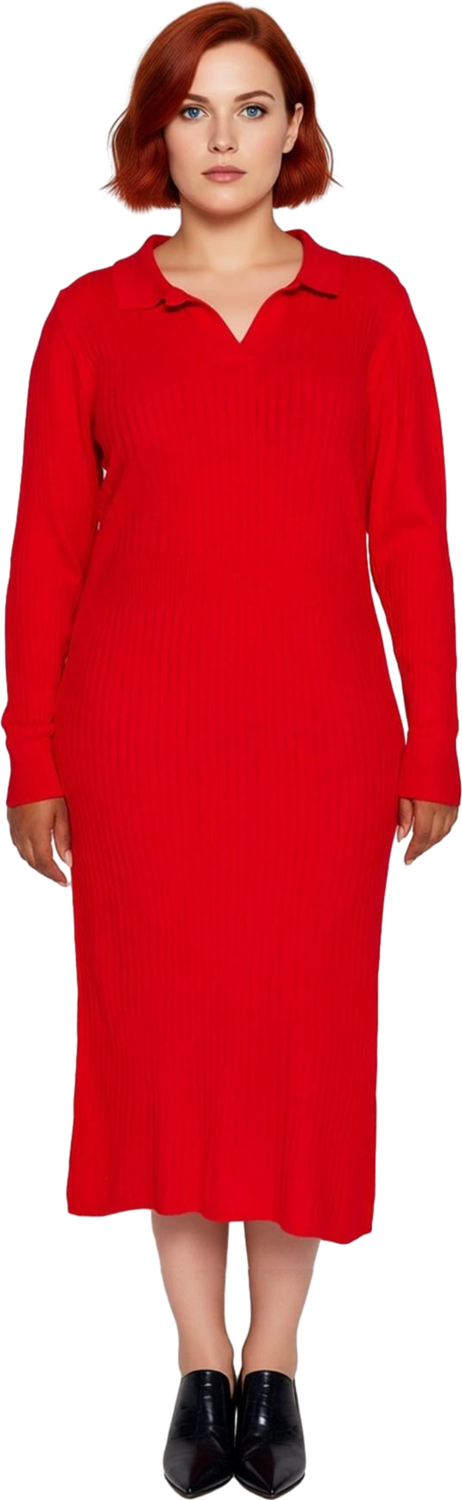Kadın Uzun Kollu Fitilli Polo Yaka Bodycon Triko Elbise Midi Boy Soğuk Havalar İçin İdeal Kaliteli