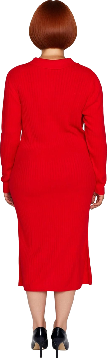 Kadın Uzun Kollu Fitilli Polo Yaka Bodycon Triko Elbise Midi Boy Soğuk Havalar İçin İdeal Kaliteli