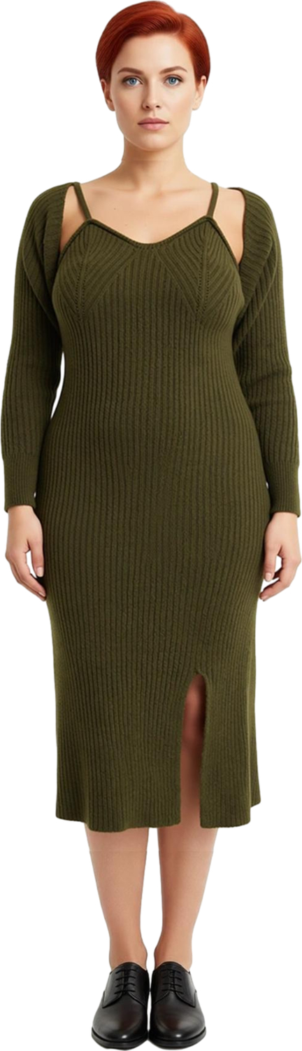 Kadın Düz Desen Midi Boy Fitilli Triko Elbise Bolero Takımı Düşük Uzun Kollu Bodycon Kaliteli