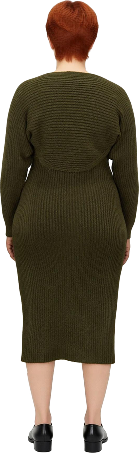 Kadın Düz Desen Midi Boy Fitilli Triko Elbise Bolero Takımı Düşük Uzun Kollu Bodycon Kaliteli
