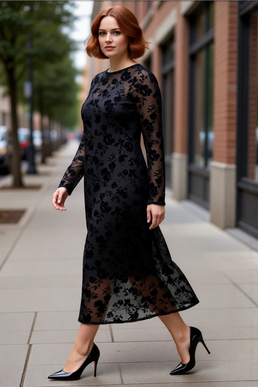 Kadınlara Özel Siyah Maxi Çiçek Desenli A Line Örme Tül Elbise Uzun Kollu Kışlık Rahatlık Kaliteli