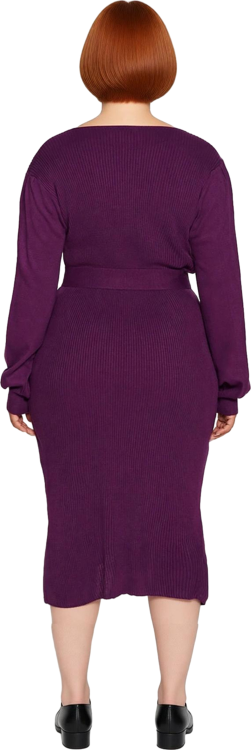 Kadın Midi Boy Bodycon Triko Elbise Kare Yaka Balon Kol Kuşaklı Fitilli Şık Kışlık Tasarım