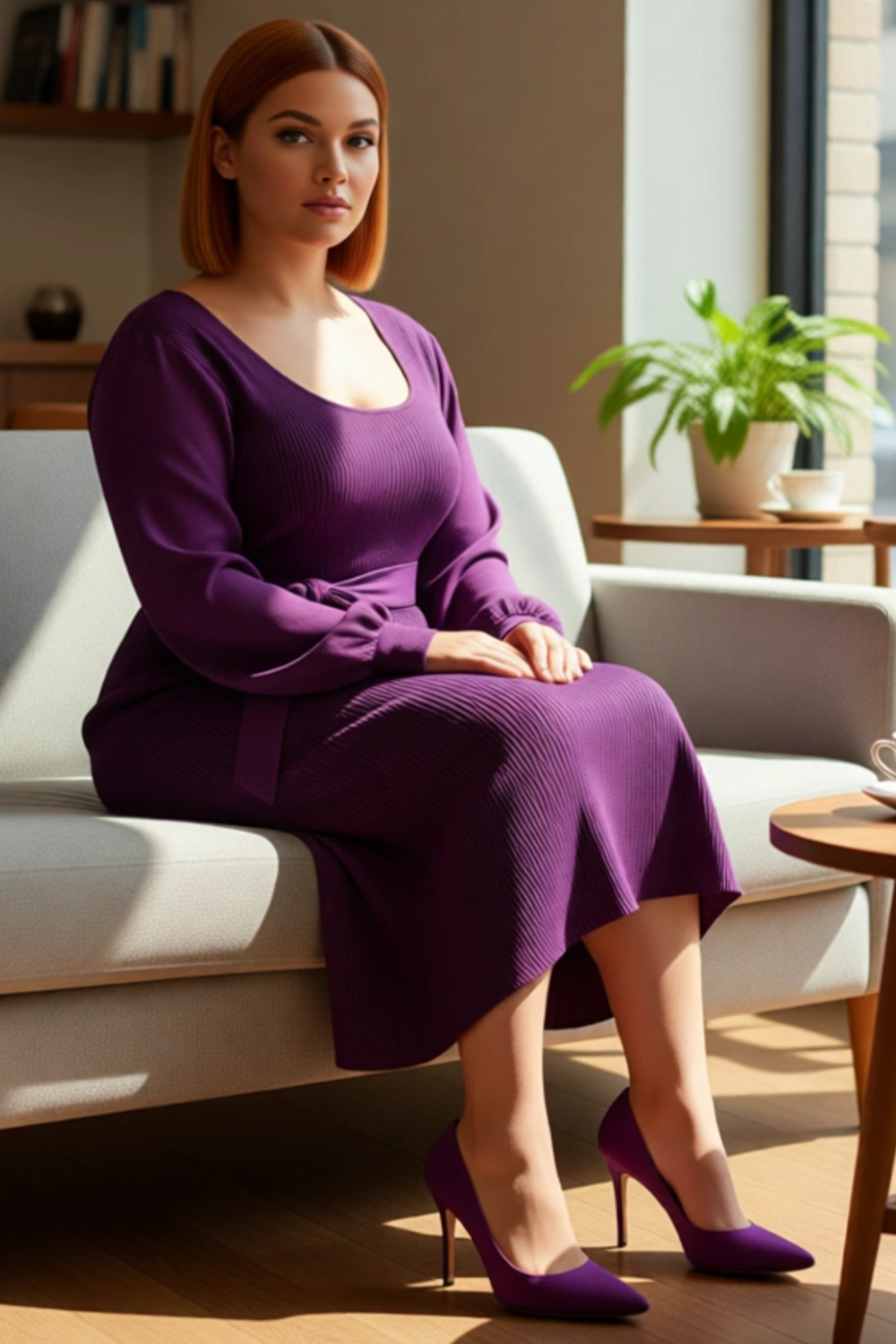 Kadın Midi Boy Bodycon Triko Elbise Kare Yaka Balon Kol Kuşaklı Fitilli Şık Kışlık Tasarım
