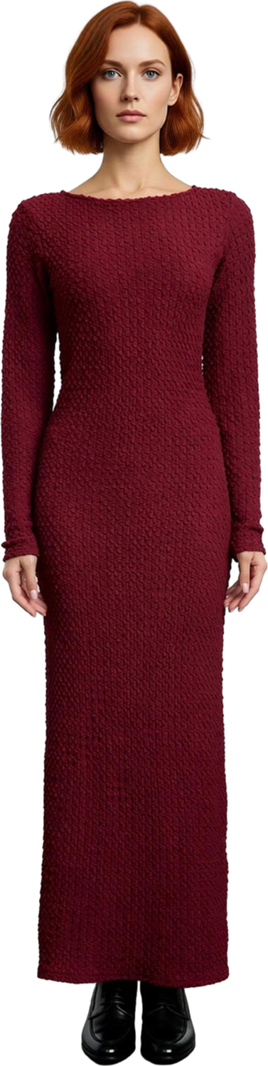 Kadın Örme Maxi Elbise Bodycon Kalıp Uzun Kollu Kayık Yaka Sırt Dekolteli Günlük Şık Giyim