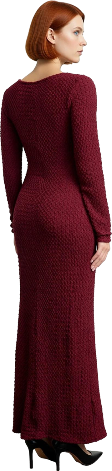 Kadın Örme Maxi Elbise Bodycon Kalıp Uzun Kollu Kayık Yaka Sırt Dekolteli Günlük Şık Giyim