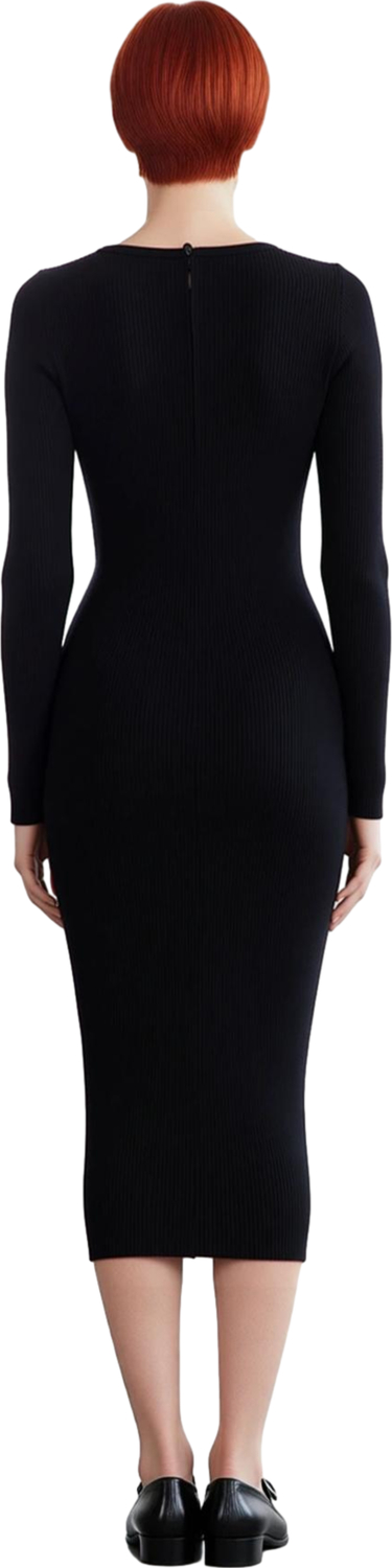 Kadın Siyah Uzun Kollu Bisiklet Yaka Triko Bodycon Maxi Elbise Zarif Gül Detayları ile Konfor