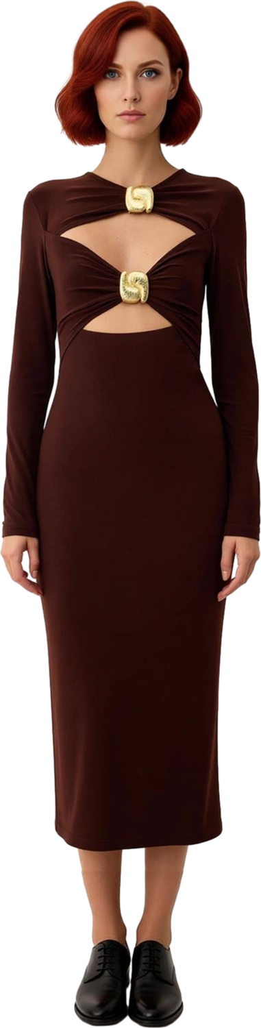 Kadın Fashion Forward Kahverengi Bodycone Uzun Kollu Sandy Örme Elbise Kokteyl Partiler İçin İdeal