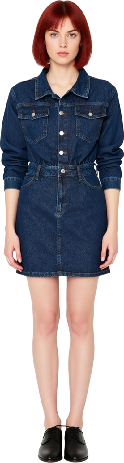 Kadın Uzun Kollu Denim Mini Elbise Gömlek Yaka Bodycon Kalıp Modern Günlük Şıklık İçin İdeal.