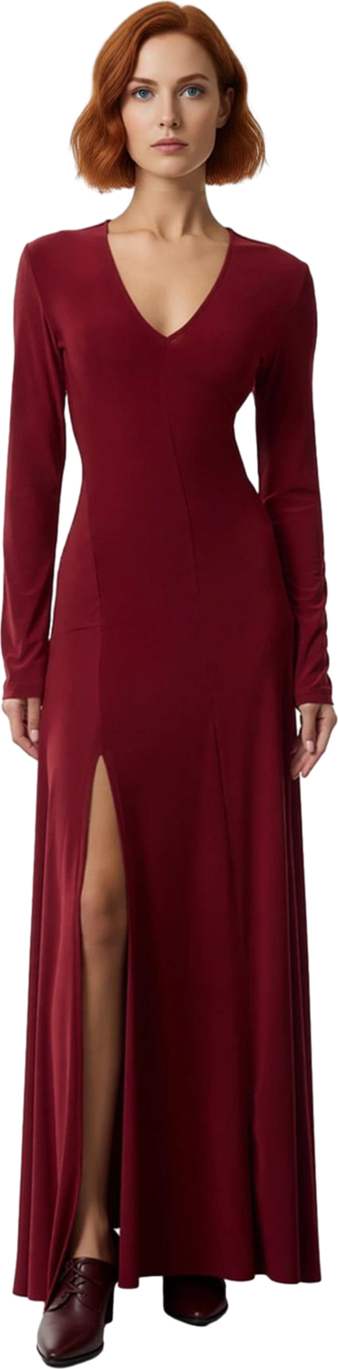 Kadın V Yaka Bodycon Kesim Uzun Kollu Maxi Boy Yırtmaç Detaylı Düz Örme Elbise Zarif Stil Kaliteli