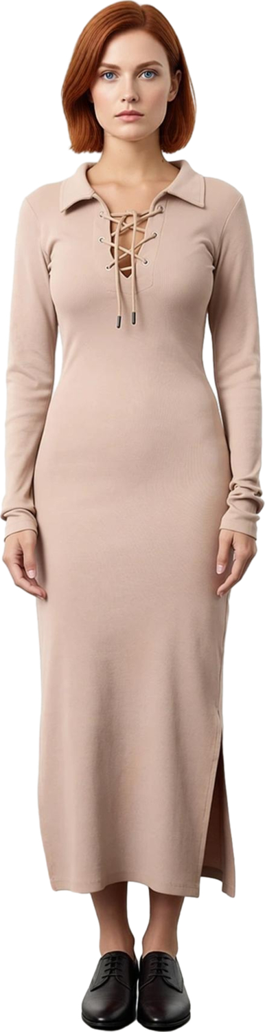 Kadın Kaşkorse Bodycon Uzun Kollu Polo Yaka Bağcık Detaylı Midi Elbise Günlük Şıklık Sunan