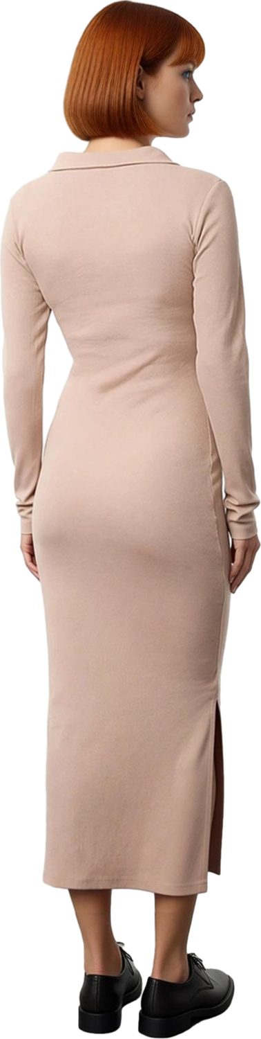 Kadın Kaşkorse Bodycon Uzun Kollu Polo Yaka Bağcık Detaylı Midi Elbise Günlük Şıklık Sunan
