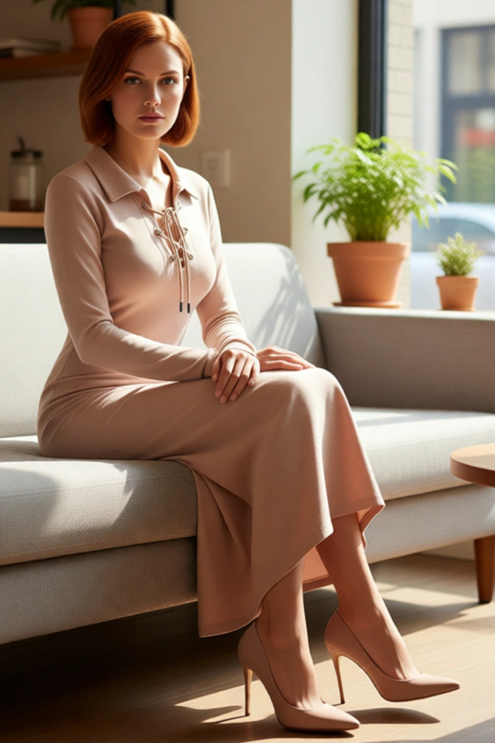 Kadın Kaşkorse Bodycon Uzun Kollu Polo Yaka Bağcık Detaylı Midi Elbise Günlük Şıklık Sunan