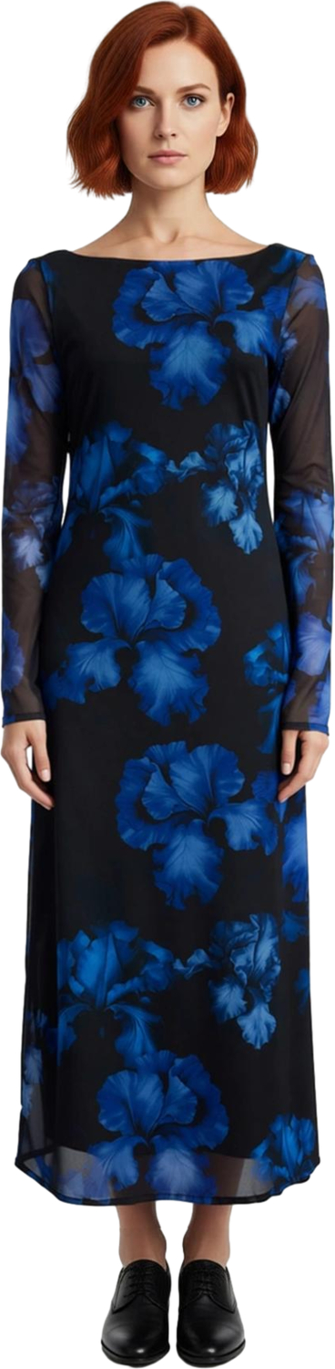 Kadın Uzun Kollu Kayık Yaka Bodycon Maxi Elbise Sırt Dekolteli Tül Dokulu Soyut Çiçekli Şık