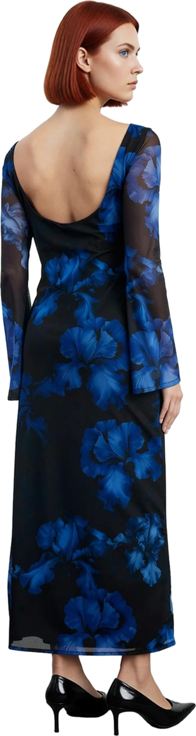 Kadın Uzun Kollu Kayık Yaka Bodycon Maxi Elbise Sırt Dekolteli Tül Dokulu Soyut Çiçekli Şık