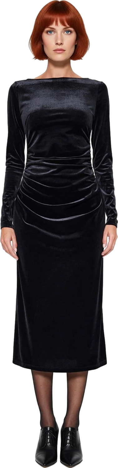Kadın Şık Kayık Yaka Siyah Kadife Midi Elbise Uzun Kollu Büzgülü Bodycon Kış Mevsimi Özel Davet