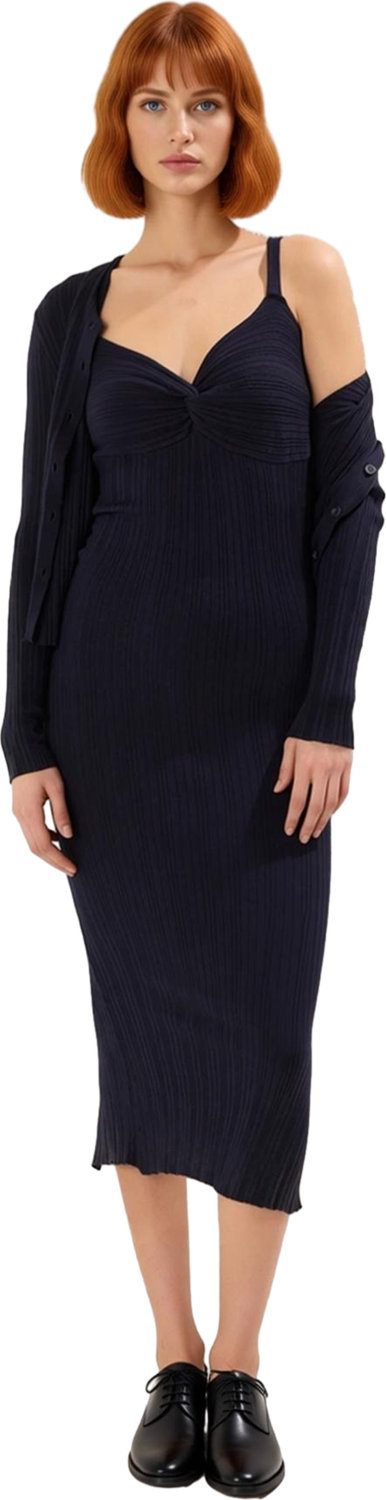 Kadın Triko Kumaş Bodycon Kesim Maxi Boy Kolsuz Elbise ve Standart Kol Hırka Seti Şık Rahatlık