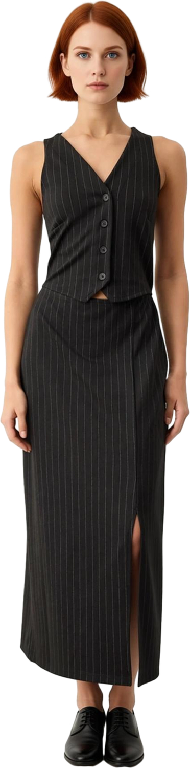 Şık Kadın Çizgili Bodycon Midi Elbise Kolsuz V Yaka Örme Kumaş Esnek Yapı Düğme Detaylı Smart Stil