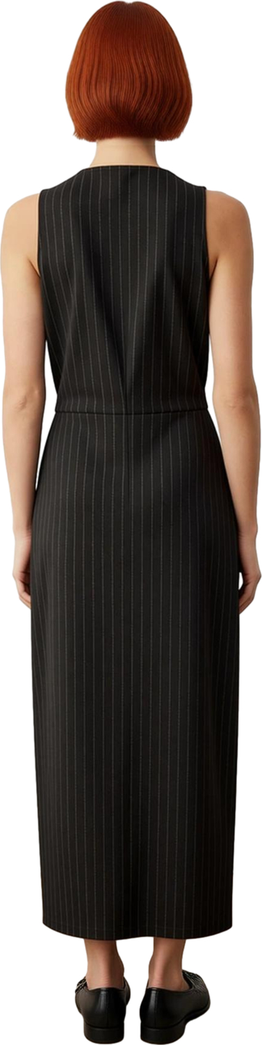 Şık Kadın Çizgili Bodycon Midi Elbise Kolsuz V Yaka Örme Kumaş Esnek Yapı Düğme Detaylı Smart Stil