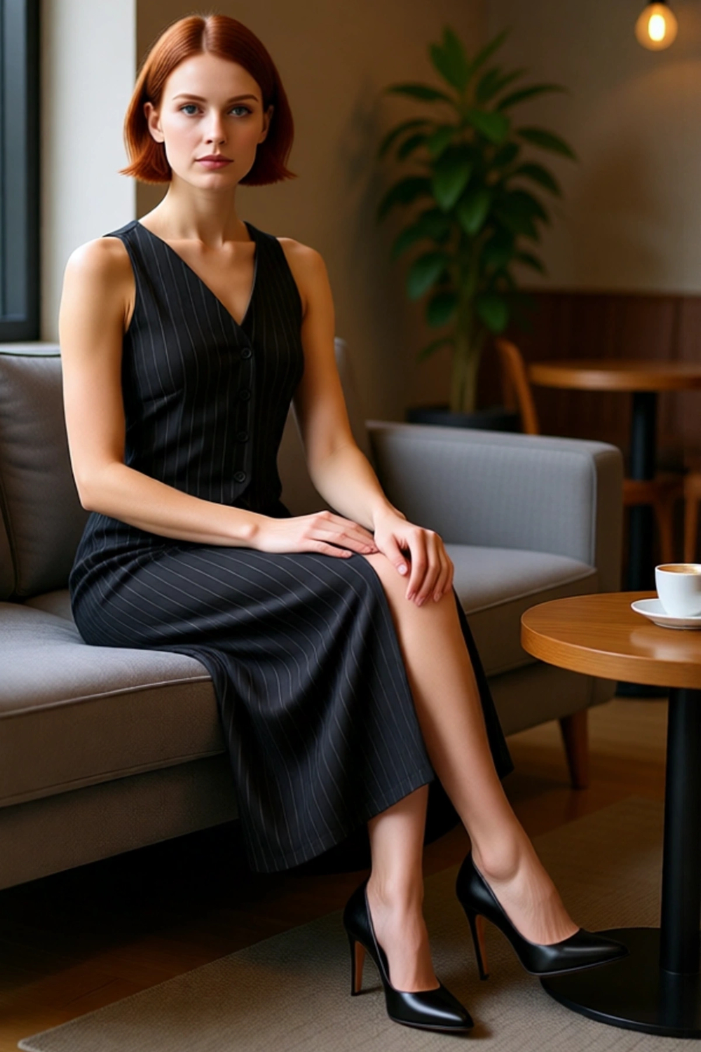 Şık Kadın Çizgili Bodycon Midi Elbise Kolsuz V Yaka Örme Kumaş Esnek Yapı Düğme Detaylı Smart Stil